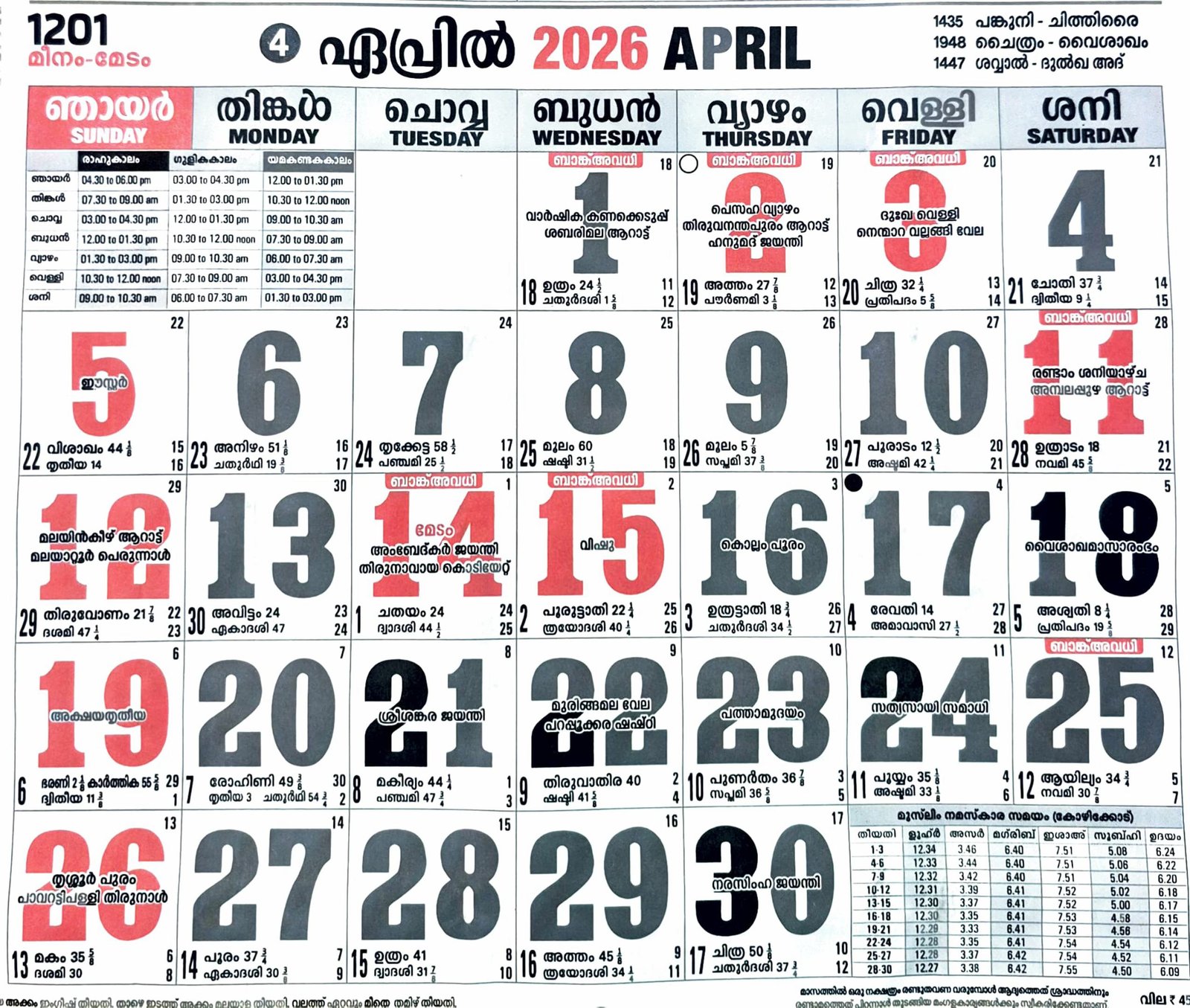 April 2026 Malayalam Calendar Malayalam Calendar 2026 April