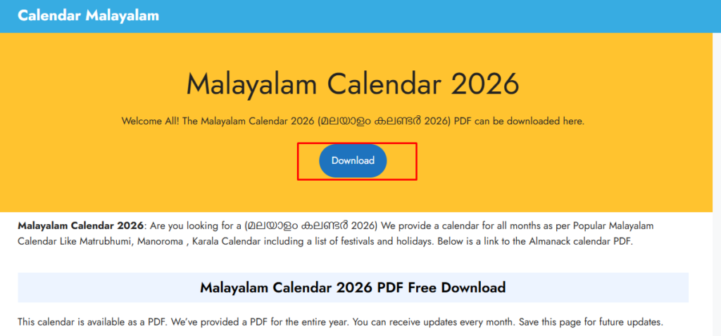 Malayalam Calendar 2026 PDF Free Download