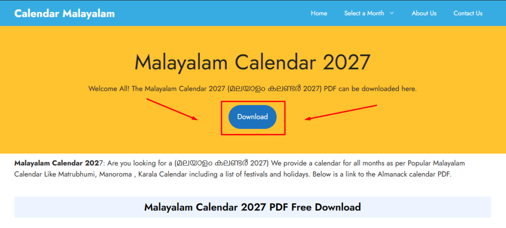 Malayalam Calendar 2027 PDF Free Download